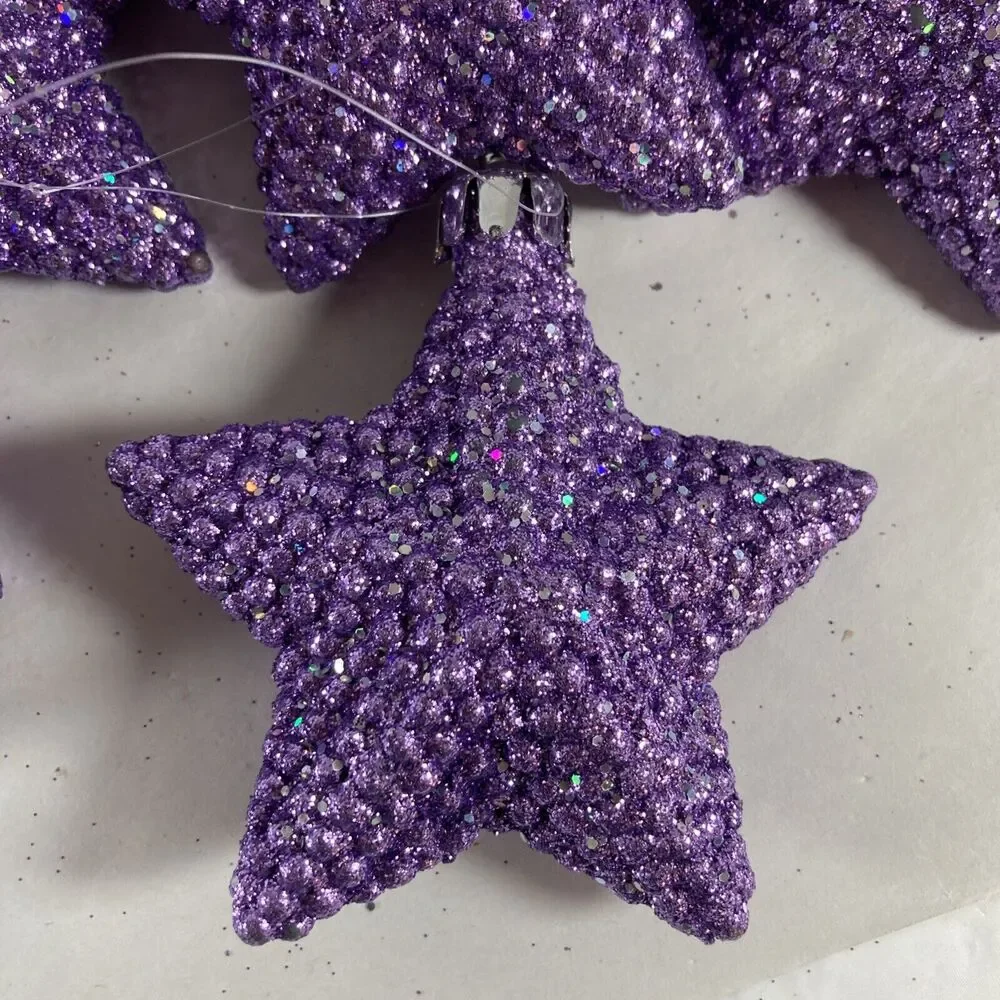 Purple Glitter Christmas Ornaments Stars Holiday Decor Lot Of 48 Vintage Violet